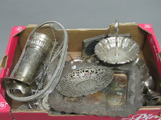 A fruit box containing a collection of silver plated items, cutlery etc