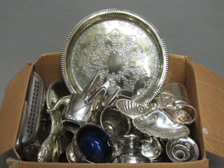 A circular engraved silver salver 12" and a collection of plated items
