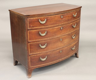 A Georgian mahogany bow front chest of 3 long drawers with  brass swan neck drop handles, raised on bracket feet 38"   ILLUSTRATED FRONT COVER