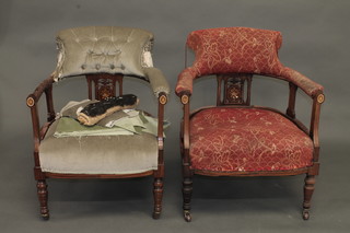 A pair of Victorian inlaid rosewood tub back chairs, raised on turned supports, 1 part upholstered,