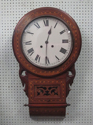 A 19th Century Continental striking drop dial wall clock with 11"  painted dial with Roman numerals contained in an inlaid  parquetry case