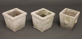 2 square concrete garden urns with Tudor Rose decoration 12"  and 1 other similar 11"