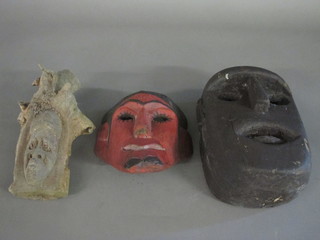 2 Eastern wall masks and a carved Eastern figure