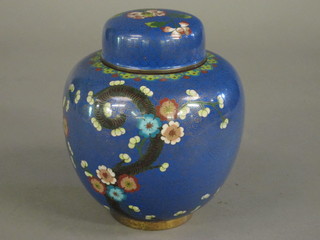 A blue ground cloisonne enamelled ginger jar and cover 8"