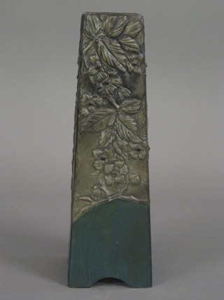 An Art Nouveau green painted wooden vase with embossed  pewter leaf decoration 12"