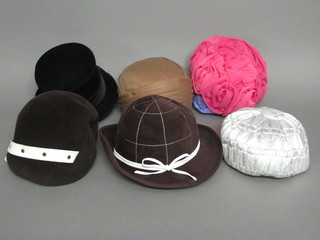 A lady's black felt hat, lady's brown felt hat by Henderson of  Liverpool, 1 other felt hat and 3 other hats