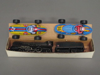 A model of a steam locomotive and 2 pressed metal models of  racing cars