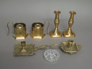 A pair of 19th Century brass candlesticks with ejectors 7" and 2  pairs of brass chamber sticks