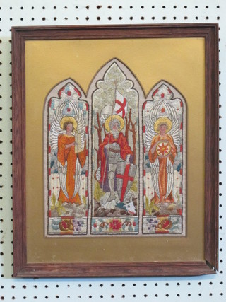 A wool work panel depicting St George and 2 attendants 12" x  10"