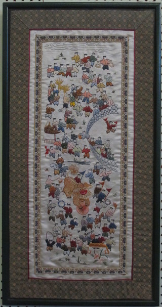 An Oriental embroidered silk panel depicting various figures 25"  x 13"
