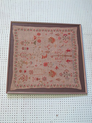A wool work sampler decorated trees and figures by Elizabeth Brison 12 years old 24" x 24"