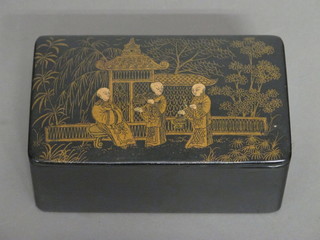 A 19th Century Oriental black lacquered trinket box with hinged  lid decorated figures 5"