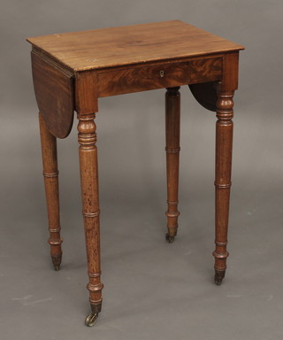 A 19th Century rectangular mahogany drop flap work table, fitted a drawer and raised on turned supports 19"