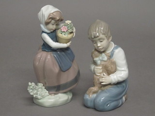 A Lladro figure of a standing girl with pot plant, base marked  5223 6", together with a Nao figure of a seated boy with puppy  6"