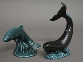 A Poole Pottery figure of a blue glazed trout 7" and 1 other of a blue whale 9"
