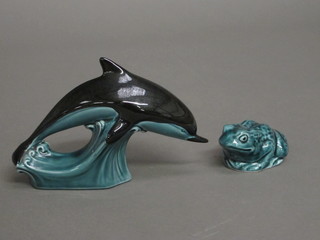 A Poole Pottery blue glazed figure of a dolphin 4 1/2" and a frog  3"
