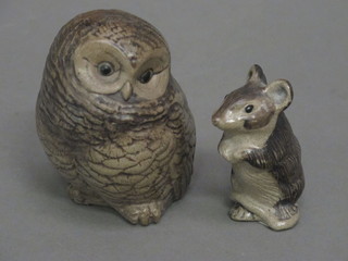 A brown glazed Poole Pottery figure of an owl, base impressed  PF 3" and 1 other of a mouse 2"