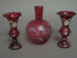 A Victorian cranberry glass club shaped vase 6" and 2 vases with flared rims 6"