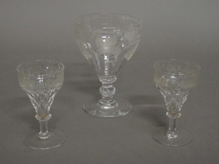 An 18th/19th Century etched glass rummer and 2 etched glass  wine glasses