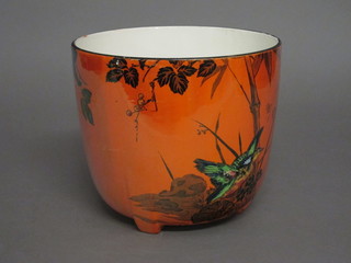 A Royal Staffordshire pottery orange glazed jardiniere decorated  a kingfisher 9"