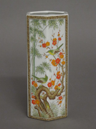 An Oriental style hexagonal vase decorated birds amidst branches  7 1/2"
