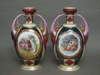 A handsome pair of "Berlin" porcelain twin handled urns  decorated figures and mythical scenes 17"  ILLUSTRATED