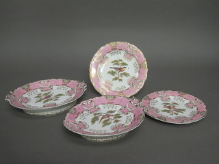 A William Adams & Sons 4 piece pink glazed fruit service  decorated birds with gilt banding, comprising circular pedestal  dish 11", shaped bowl 10" and 2 circular plates 9"