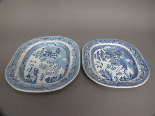 2 blue and white meat plates 16" and 18", cracked,
