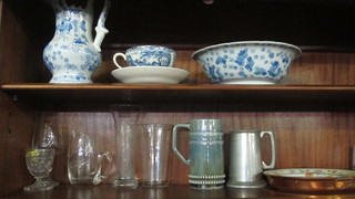 A blue glazed tankard, a copper and ceramic plate warmer, a  blue and white jug and bowl, a small collection of glassware and  3 silver plated tankards