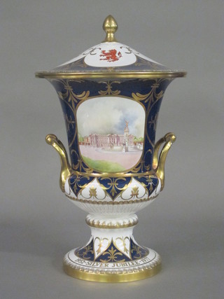 A Caverswall limited edition porcelain twin handled urn and  cover to commemorate the Queen's 1977 Silver Jubilee, the front  with painted panel decorated Buckingham Palace, the reverse The  Star of the Order Of The Garter and with Royal Cypher, the base  marked Silver Jubilee Vase, Buckingham Palace, by R A  Shuttlebotham, 15.6.77  ILLUSTRATED