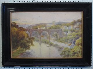 Varney, a coloured print "River with Four Arched Bridge,  Church in Distance" 13" x 20", contained in an ebonised frame