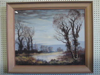 Lesley Cole, impressionist oil "Seascape with Trees" 20" x 25",  the reverse with Guildford Gallery label