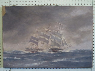 Oil on canvas "Study of The Clipper Sobraon" 15" x 22", some  paint loss to top left hand corner