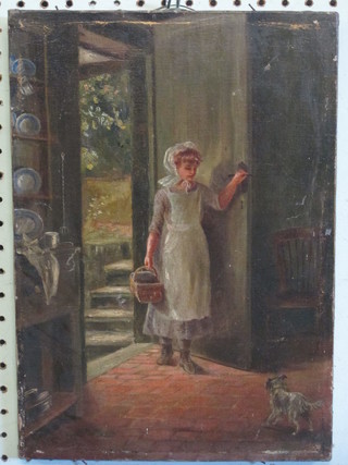 Victorian oil on canvas "Kitchen with Open Door, Girl with  Basket and Dog" 14" x 10"