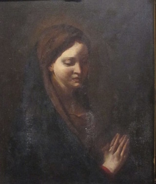 An 18th Century oil on canvas "Study of a Praying Lady" 28" x 21", relined, contained in a heavy gilt frame   ILLUSTRATED