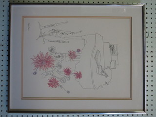 Millicent Tomkins, a coloured print "Grand Piano and Musical Instruments" 16" x 12" signed to bottom left hand corner