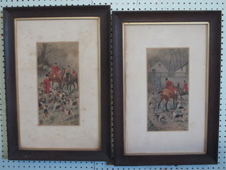 G Wright, a pair of coloured hunting prints "Hounds at Kennels"  and "The Kill" 11" x 6" in oak frames