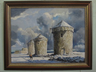 Percy Padden, oil on board "The Mills at the Mole of St  Nicholas, Rhodes" 28" x 38"