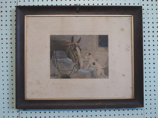 S Wright, a coloured print "Bay Horse with a Jack Russell  Terrier" 7" x 9"