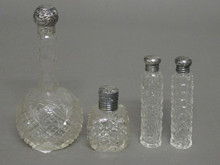 A club shaped cut glass perfume bottle with silver mount, 2  perfume flasks and a square perfume bottle