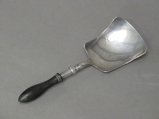 A Victorian silver caddy spoon with turned ebony handle,  Birmingham 1837 by George Unite  ILLUSTRATED