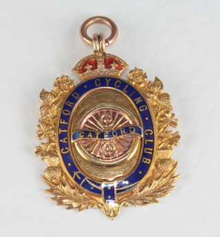 A 9ct gold and enamelled cycling medal for Catford Cycling  Club