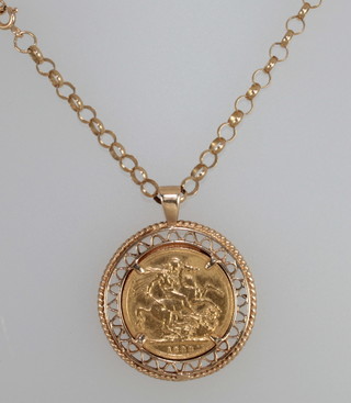 A Victorian 1888 sovereign hung on a belcher link chain