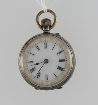 A lady's open faced fob watch contained in a Continental silver  case