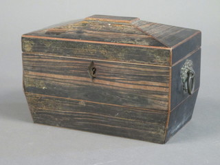 A Victorian Coromandel sarcophagus shaped twin compartment  tea caddy with hinged lid 8"
