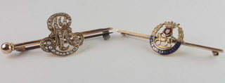 A gold and enamel Yorks & Lancs Regt. sweetheart brooch and a  pearl Cypher bar brooch