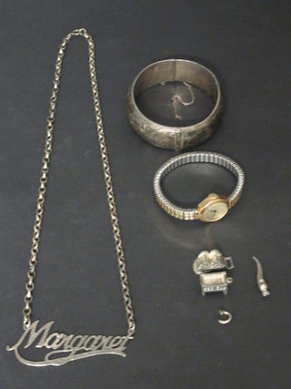 A silver bracelet, a silver belcher link chain, a lady's wristwatch  etc