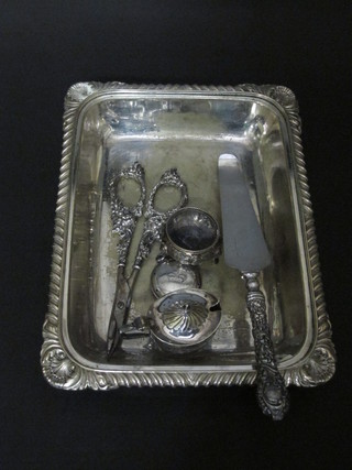 A Victorian circular silver salt, a pair of silver plated grape scissors, an entree dish
