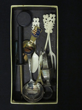 A miniature silver pepperette, 2 ivory forks and a spoon etc