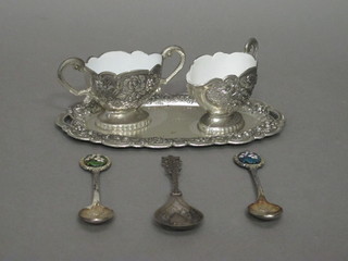 A silver plated oval tray, do. cream jug, a Dutch silver spoon etc